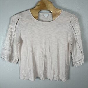 J Jill Womens XL Light Pink Crochet Gauze 3/4 Sleeves Boho Beachy Cotton Blend